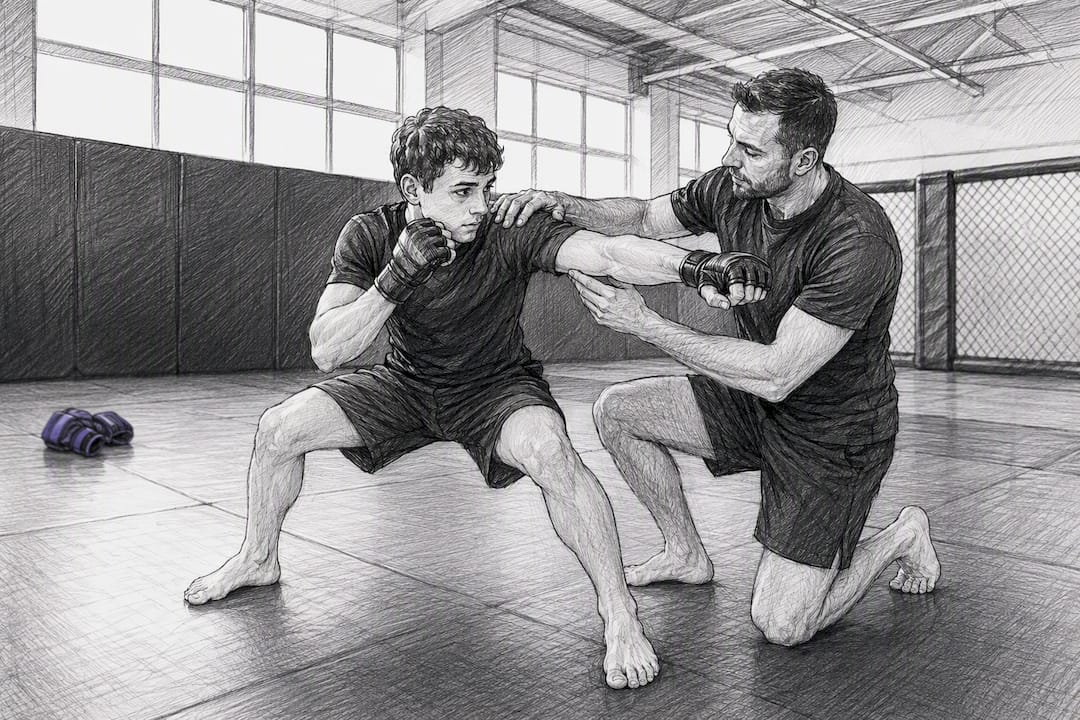 Trainer corrigeert techniek tijdens proefles MMA