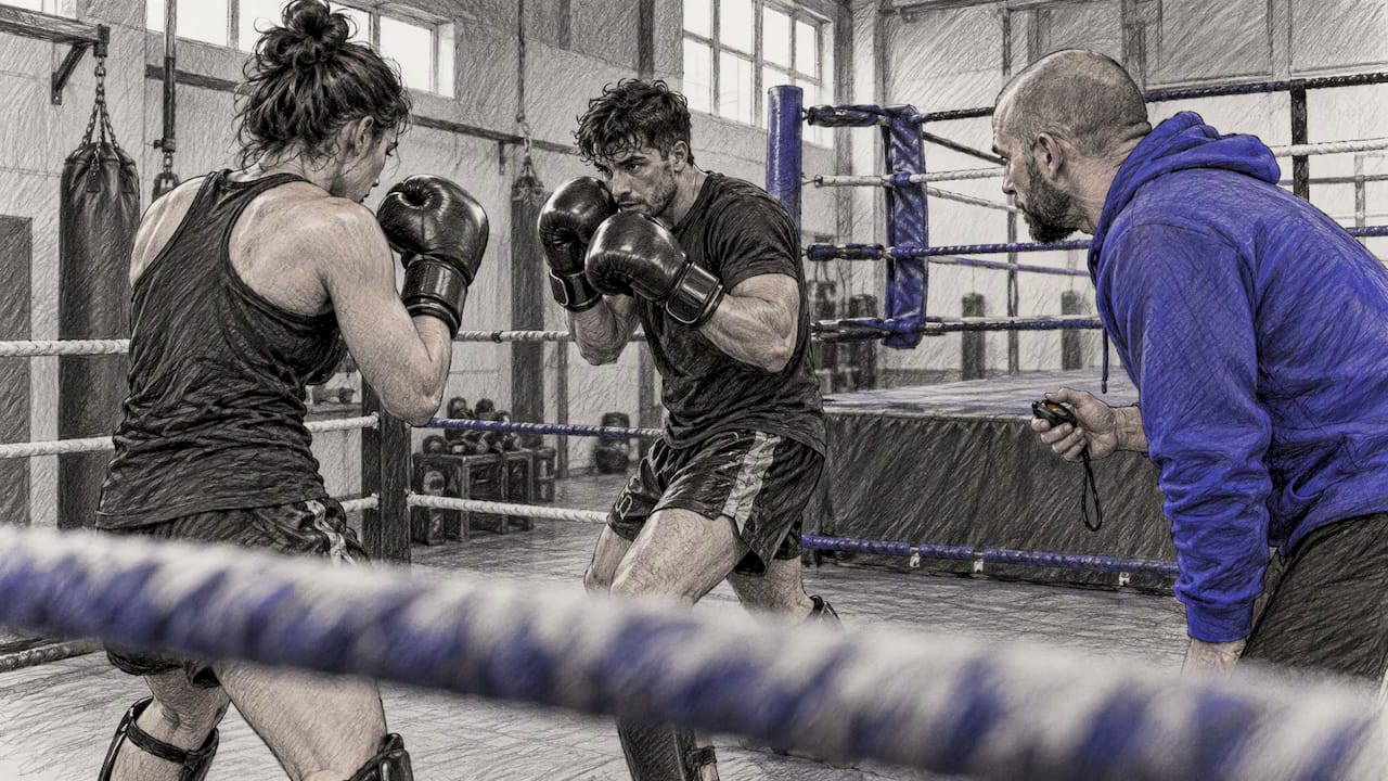 Coach begeleidt gecontroleerde kickbokssparring