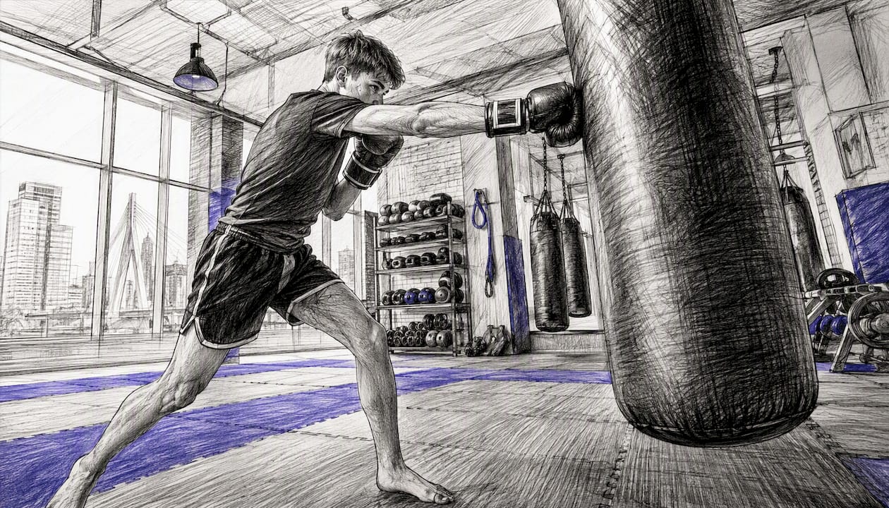 Een beginnende kickbokser traint op de bokszak in een sportschool in Rotterdam.