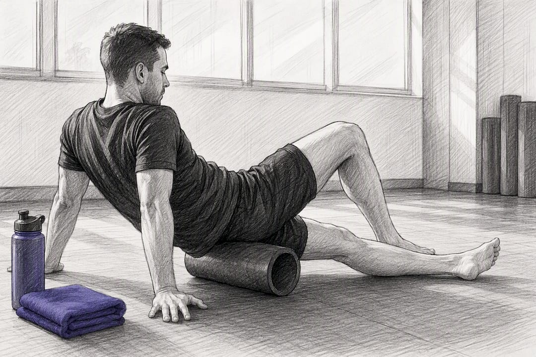 Kickbokser gebruikt foamroller bij stijve heup