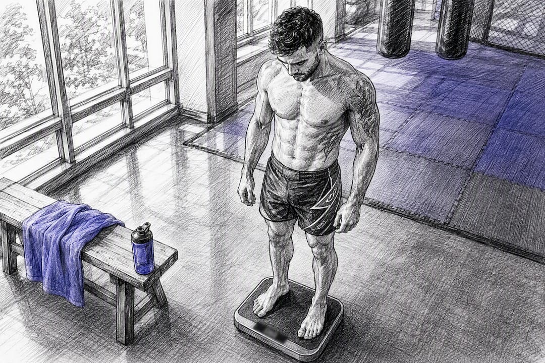 MMA-vechter die de officiële weging op de weegschaal doet