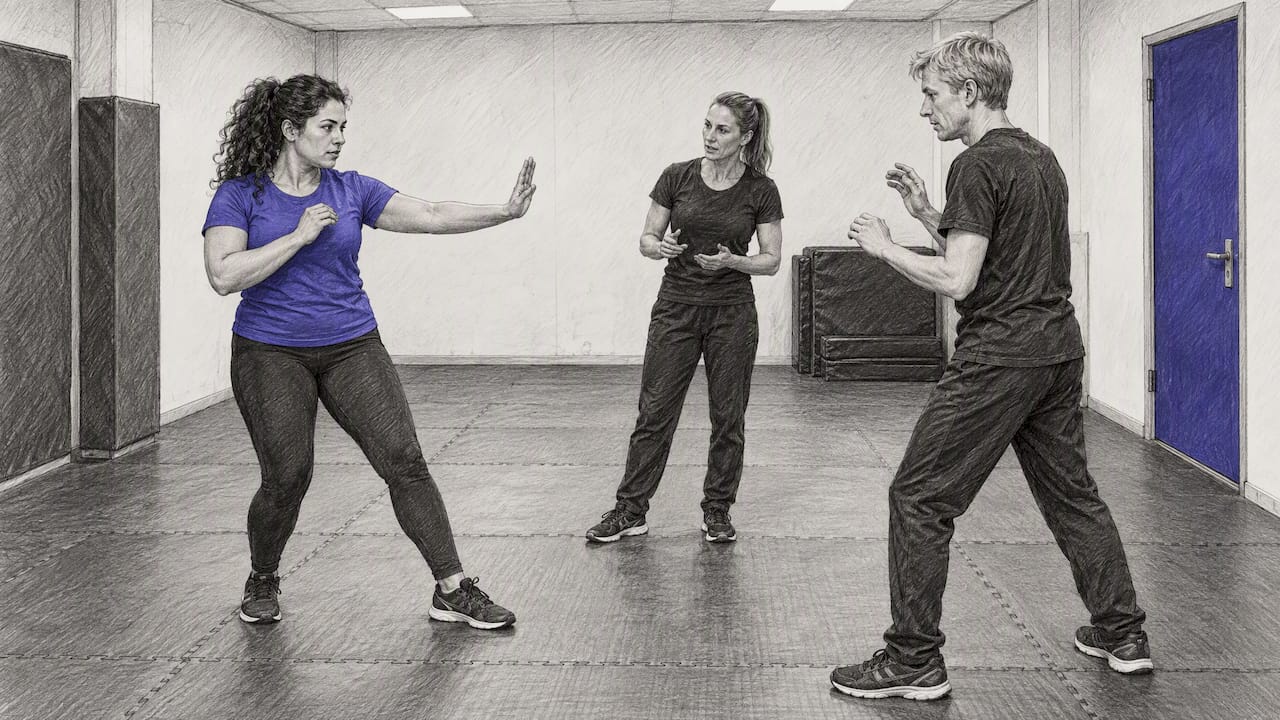 Vrouwen trainen tijdens de weerbaarheidstraining het aangeven van hun persoonlijke grenzen
