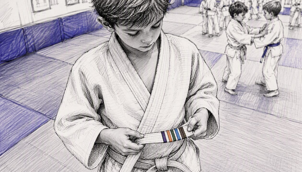 Detailopname van de judoband van een kind, versierd met gekleurde slippen.