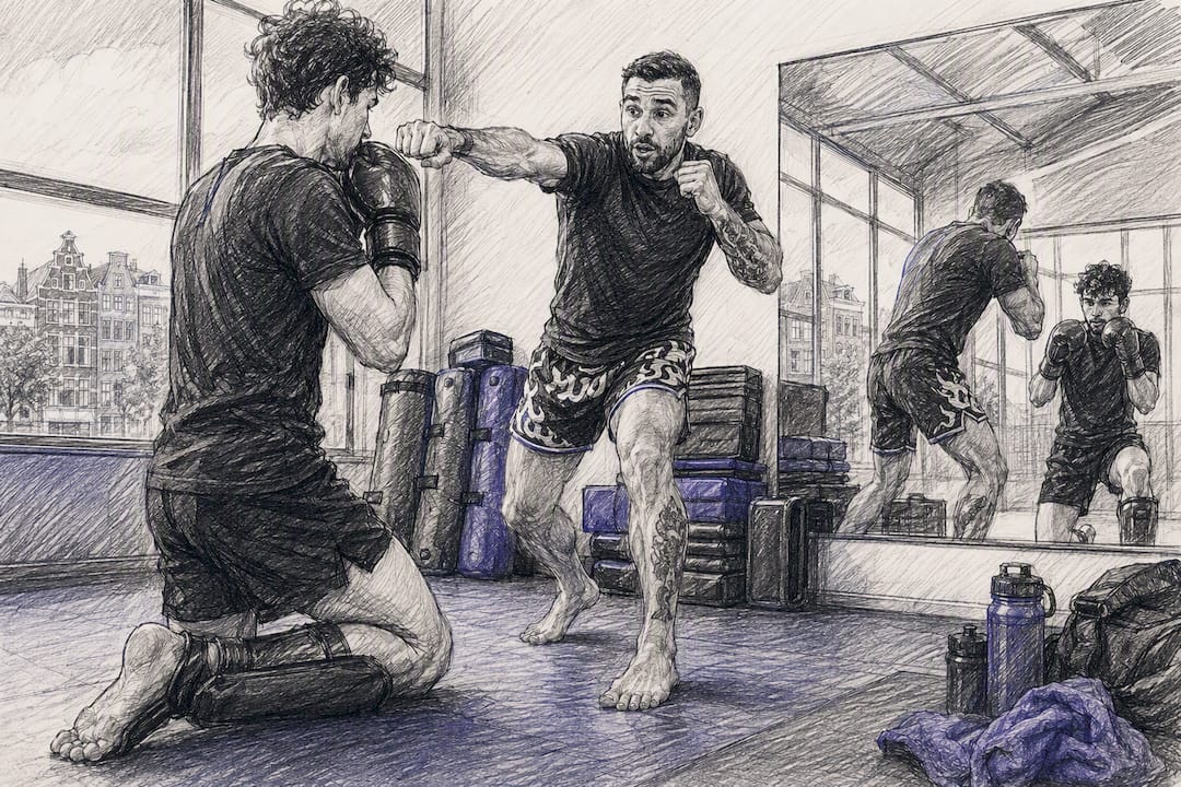 Kickbokstrainer die een stoot voordoet aan een beginner