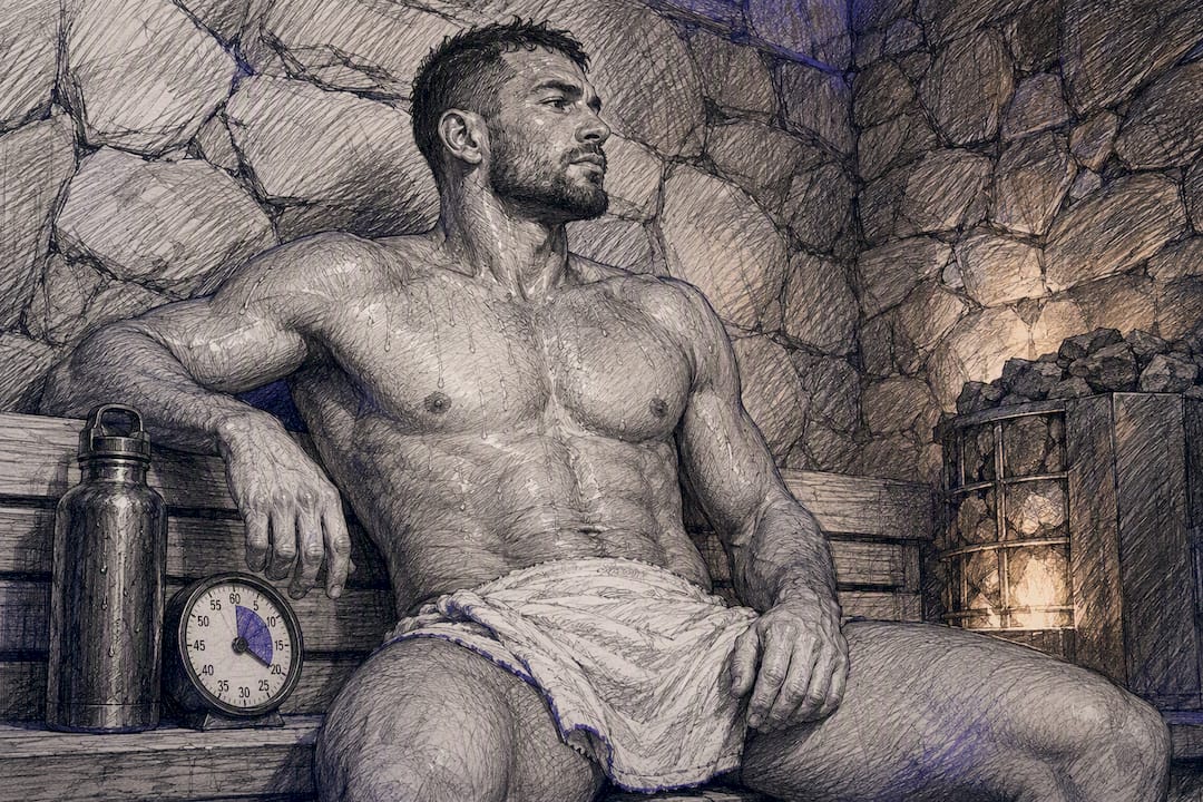 Vechter die zwetend in een houten sauna zit om gewicht te verliezen