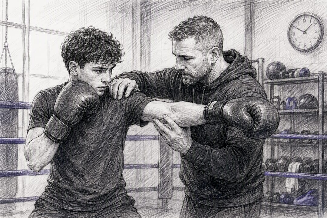 Trainer corrigeert de houding van bokser tijdens sparring