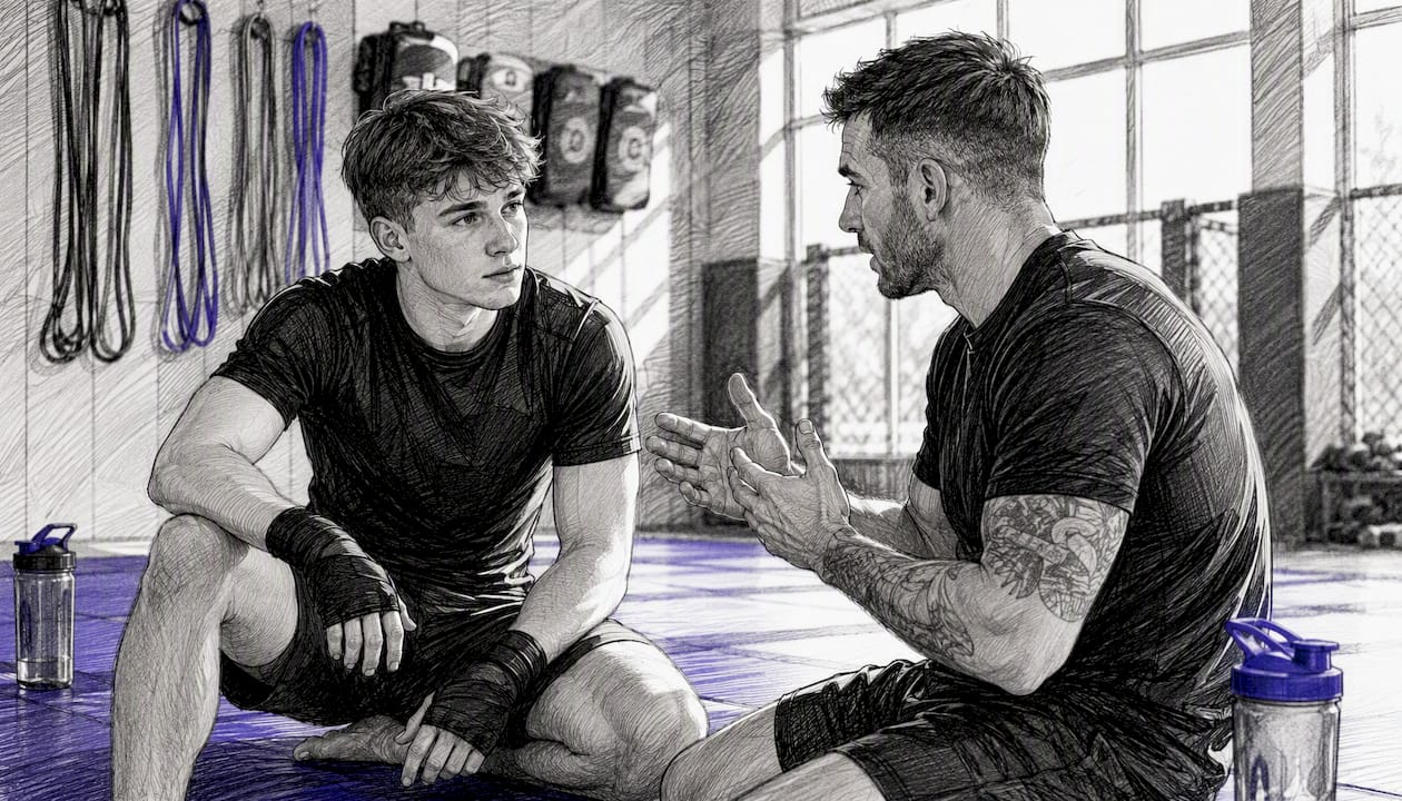 Een beginnende MMA-sporter die in de sportschool met zijn trainer over technieken en trainingsschema’s praat.