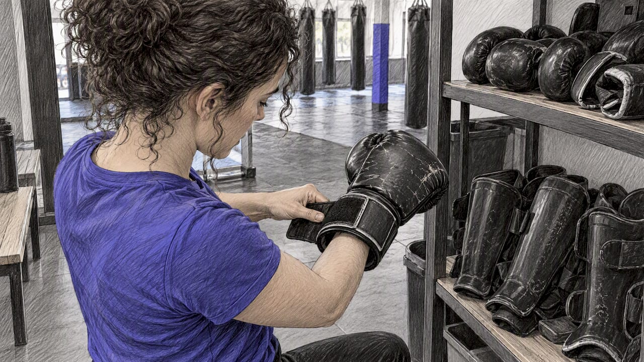 Beginner probeert geleende kickbokshandschoenen