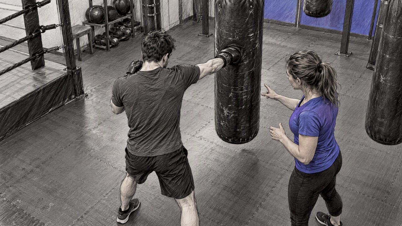 Beginner traint stoten op de bokszak met de trainer