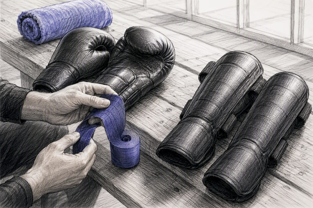 Handwraps en kickboksbescherming op een trainingsbankje