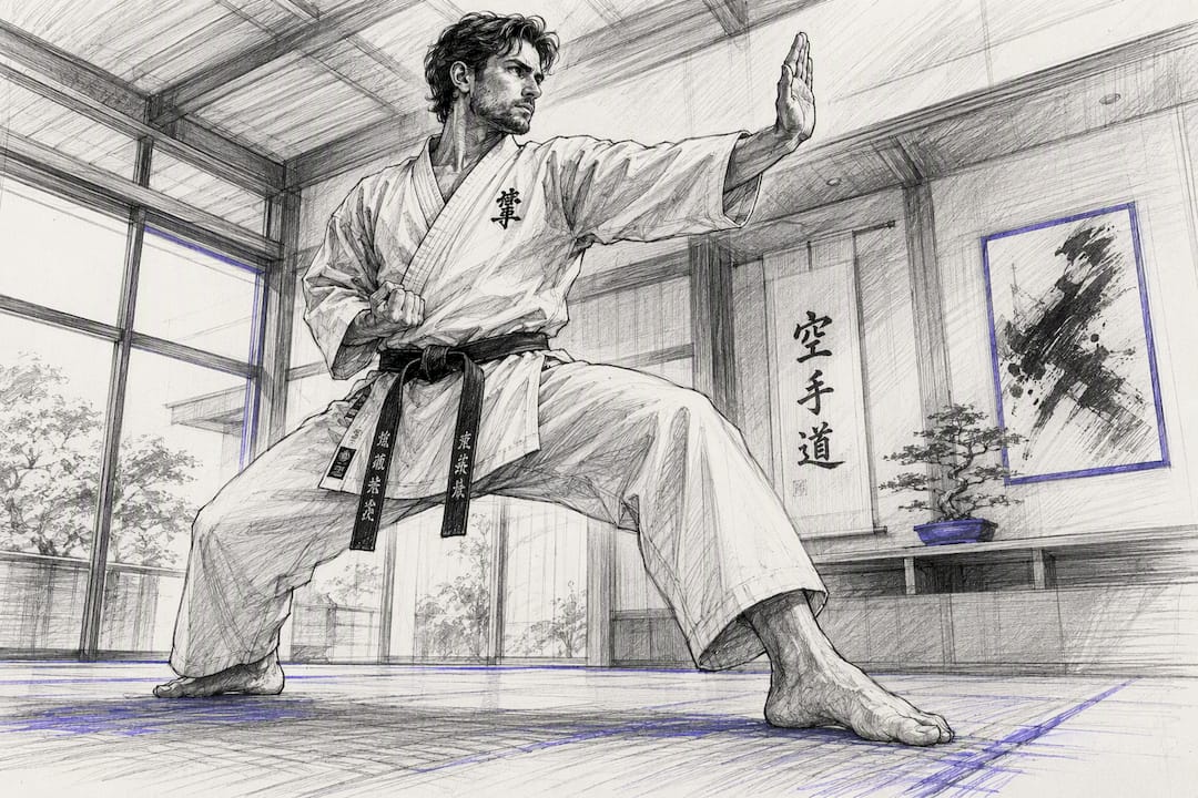 Karateka die kata uitvoert in de dojo