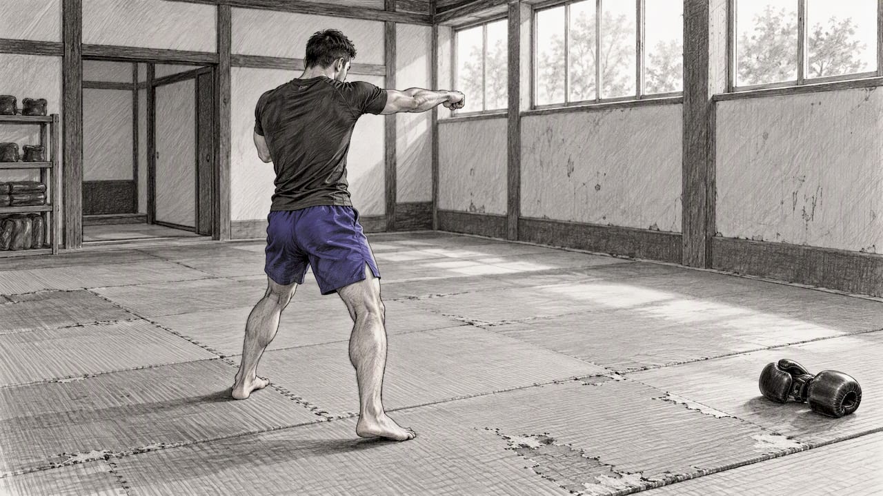 Atleet doet rustig aan met shadowboxing tijdens herstelweek