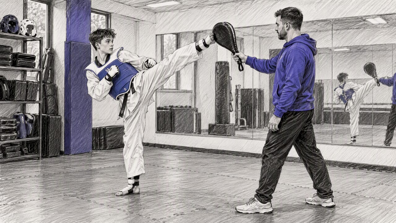 Tiener oefent een hoge trap in taekwondo