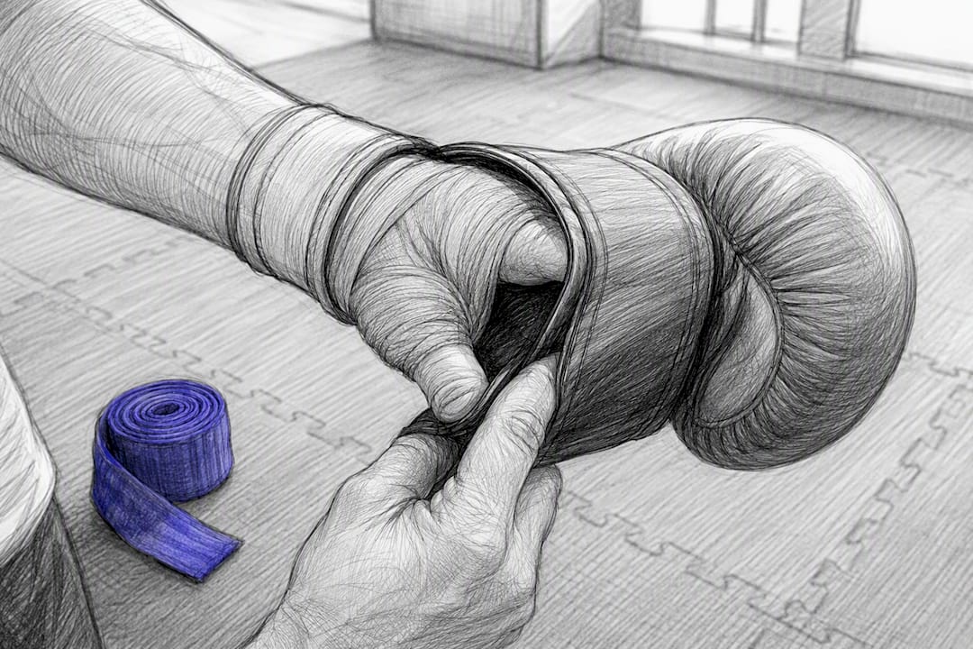 Hand met bandages waarmee een kickbokshandschoen wordt aangetrokken