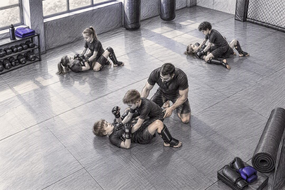 Jonge MMA-sporters trainen veilig onder begeleiding