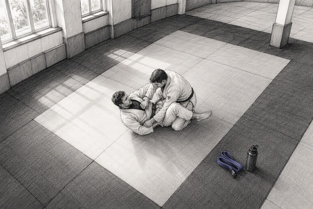 Beginners oefenen BJJ-grondtechniek op de mat