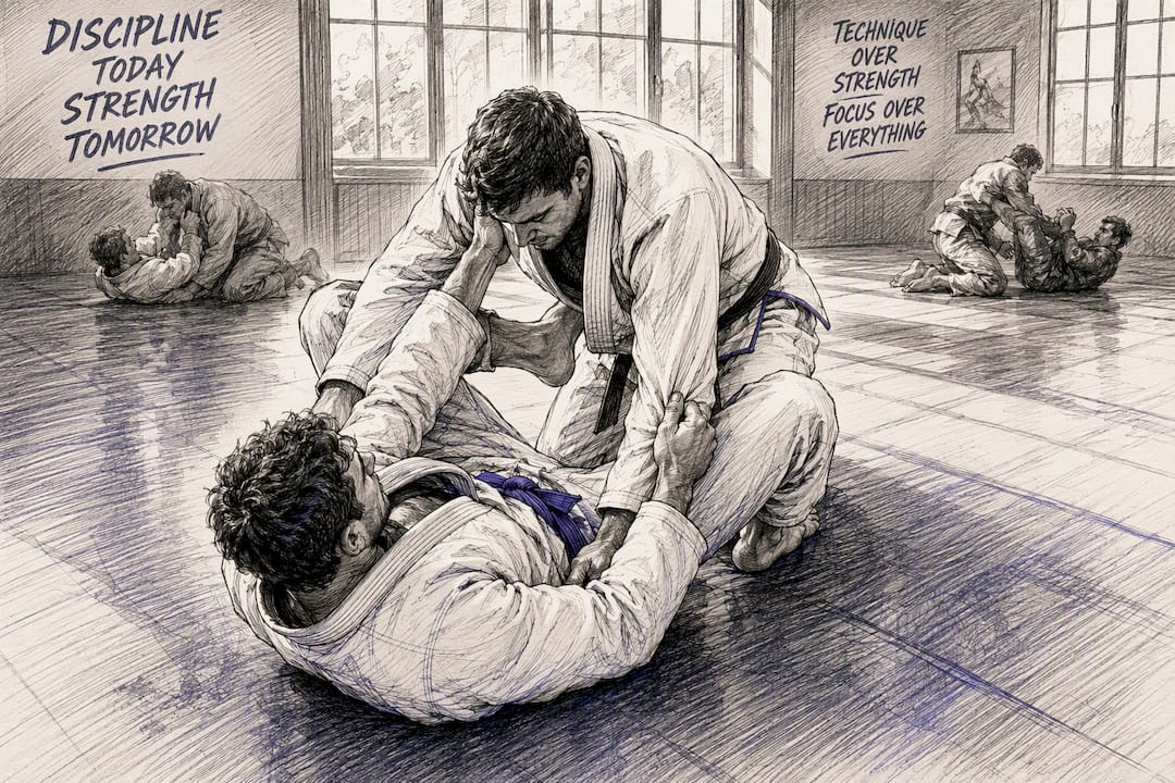 BJJ-beoefenaar die guard-techniek traint