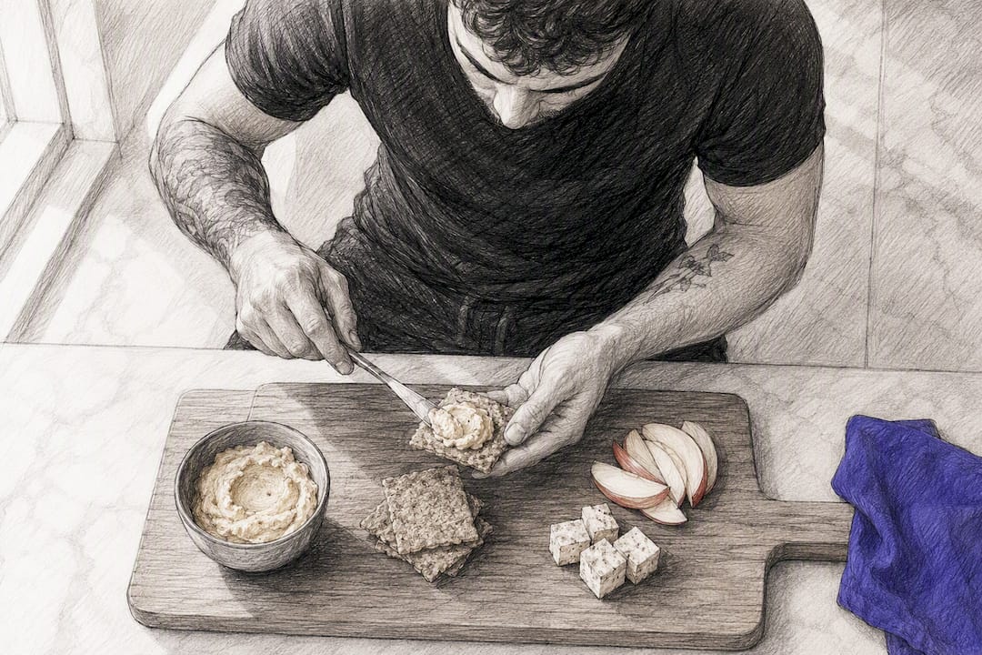 Hummus, volkoren crackers, tofu en fruit