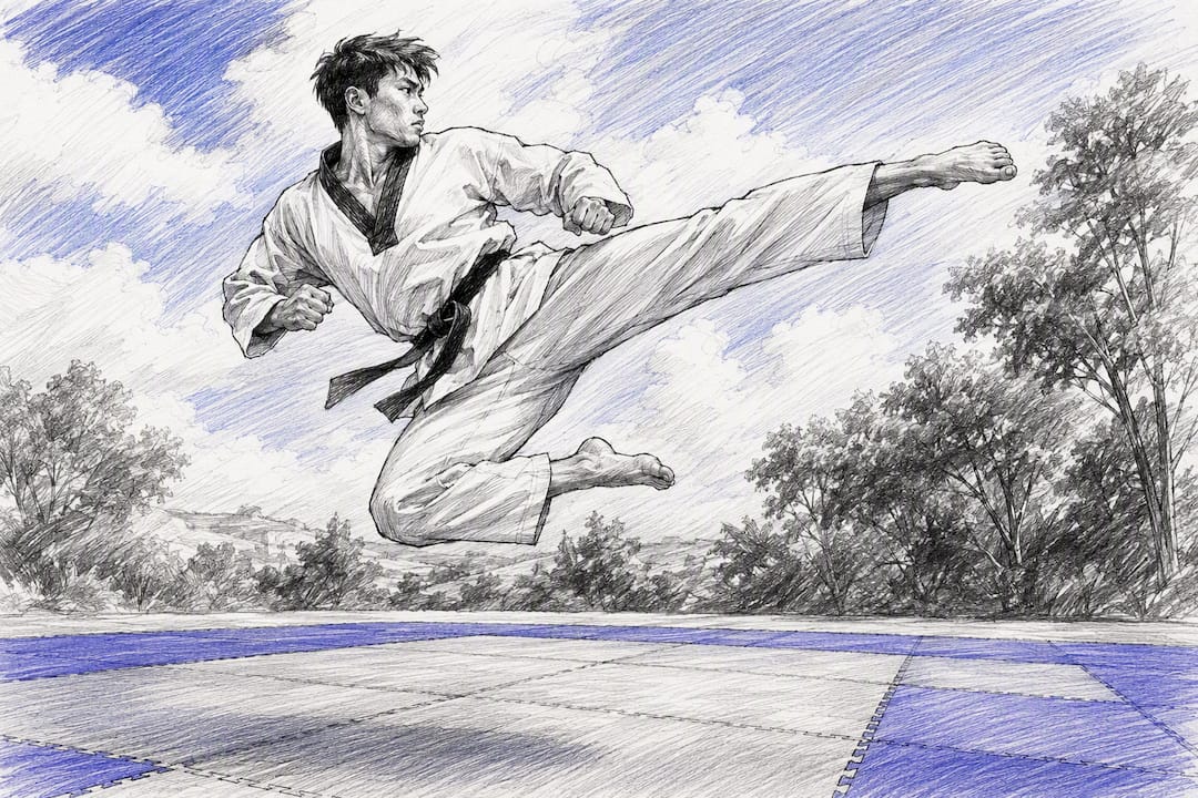 Taekwondo-atleet die een draaiende haktrap maakt