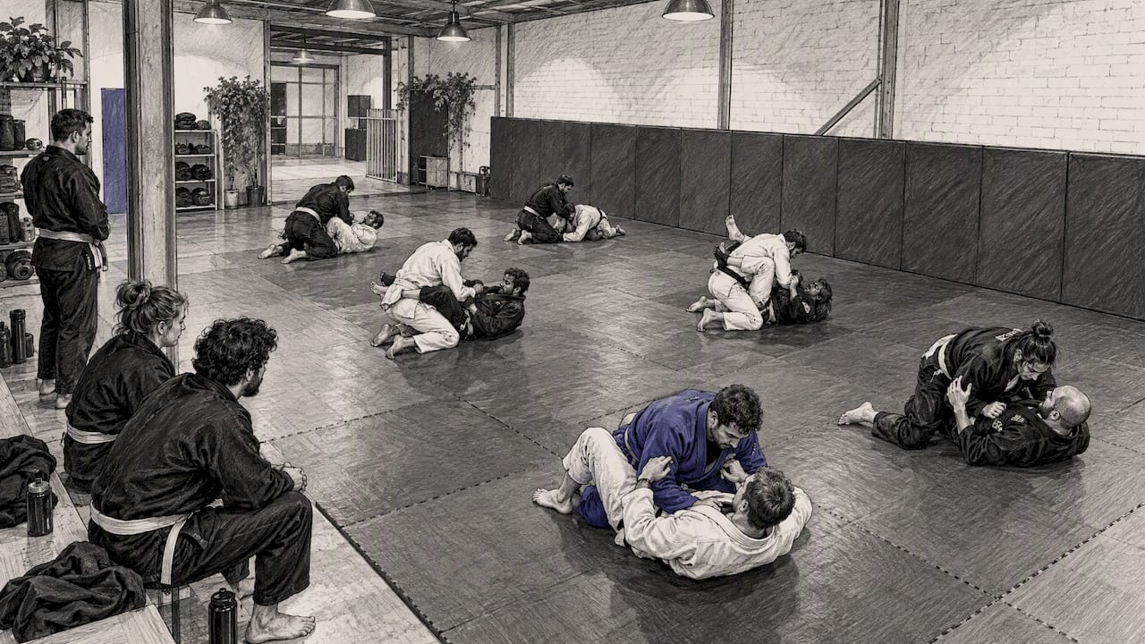 Drukke BJJ-avondtraining met meerdere koppels die meedoen