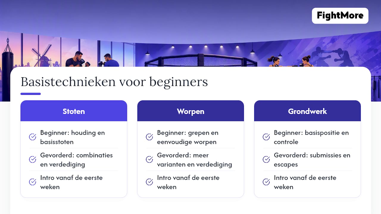 Overzicht van de drie basisonderdelen voor beginnende MMA’ers en hoe je hierin kunt doorgroeien