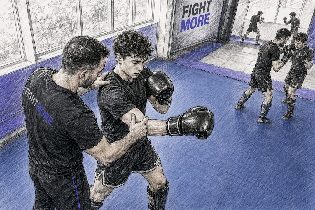 Een trainer helpt een beginnende kickbokser met het verbeteren van zijn houding.