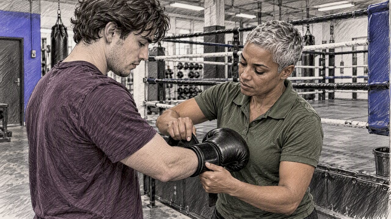 Trainer bekijkt de handschoen van een beginner