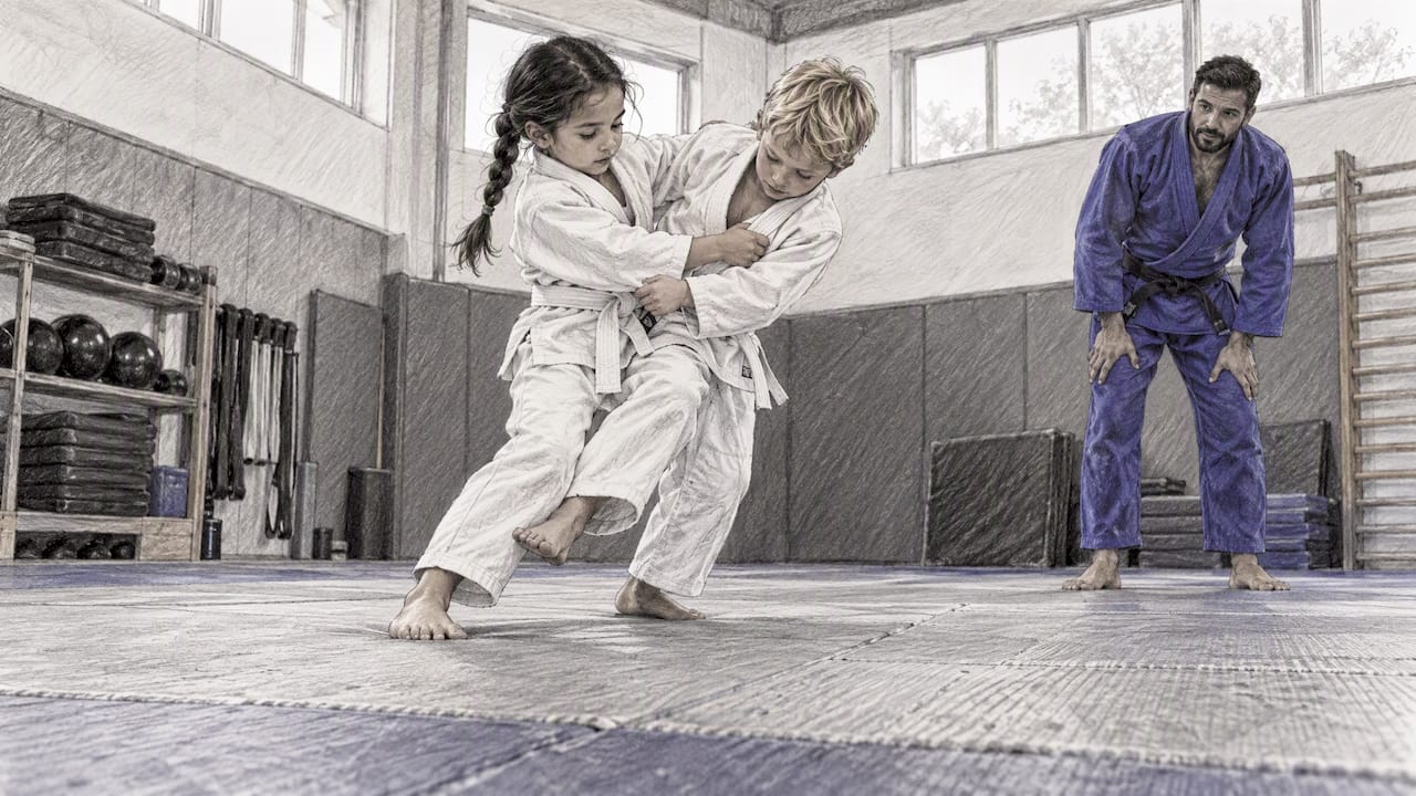 Kinderen oefenen judo onder toezicht
