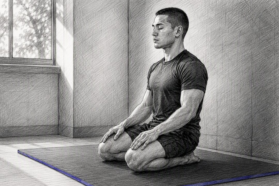 Vechtsporter oefent ademhalingsmindfulness