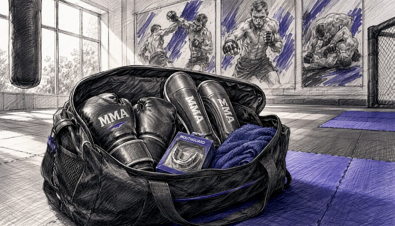 Een open sporttas gevuld met onmisbare MMA-uitrusting