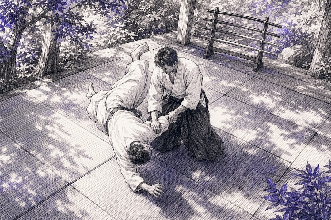 Aikido worp in een traditionele dojo