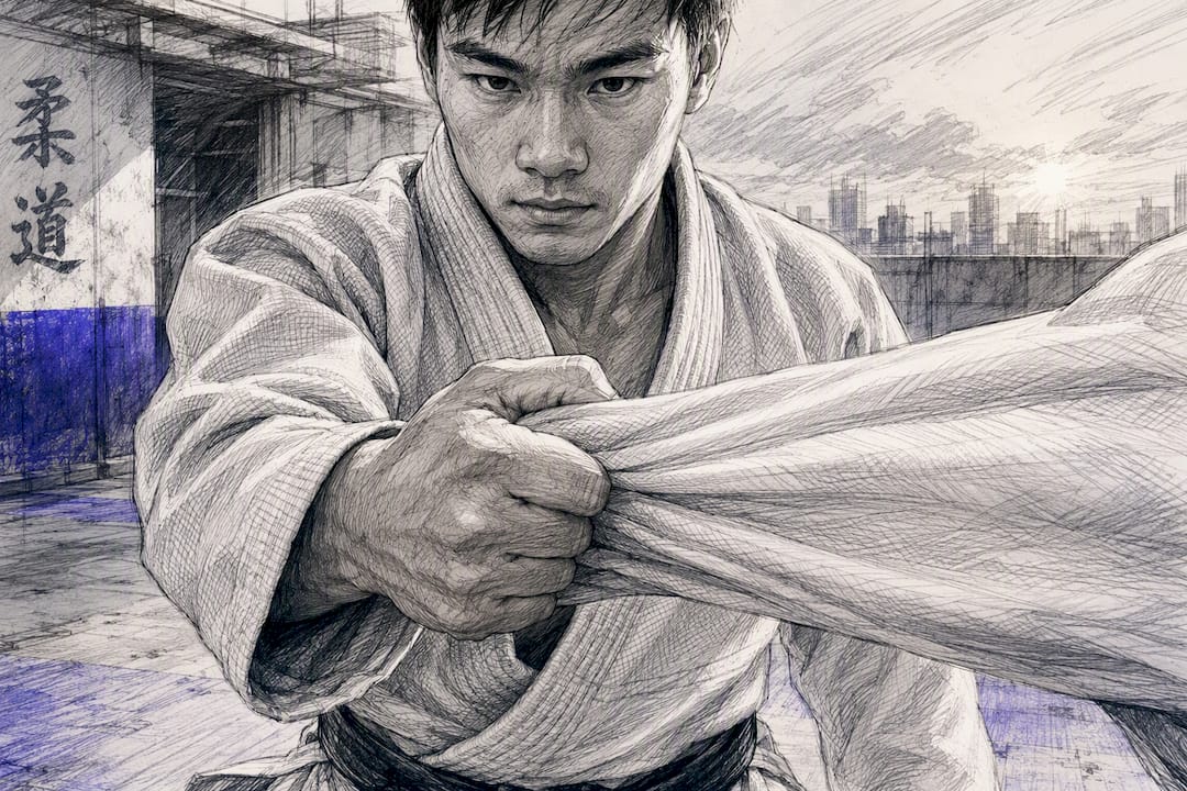 Close-up van judogi-stof en greep tijdens training